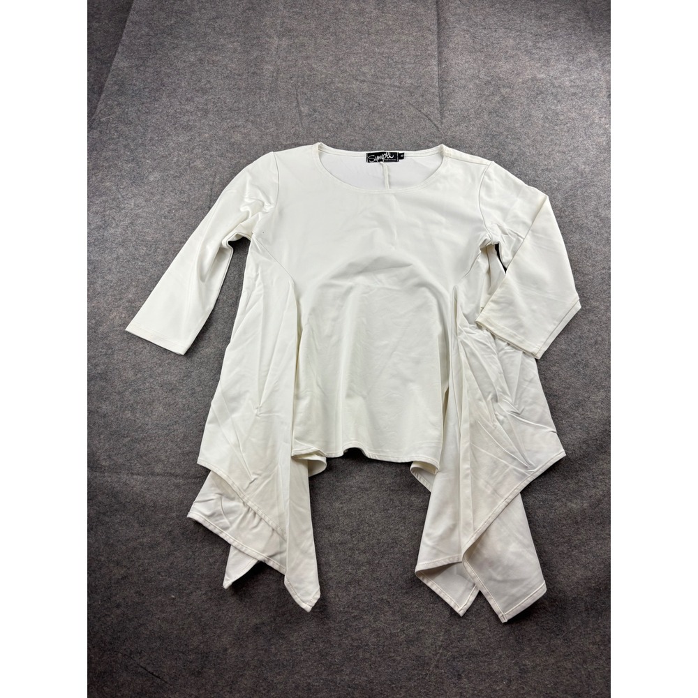 Sympli Womens 8 White Sharkbite Handkerchief Hem Tunic Top 3/4 Sleeve Flowy Boho